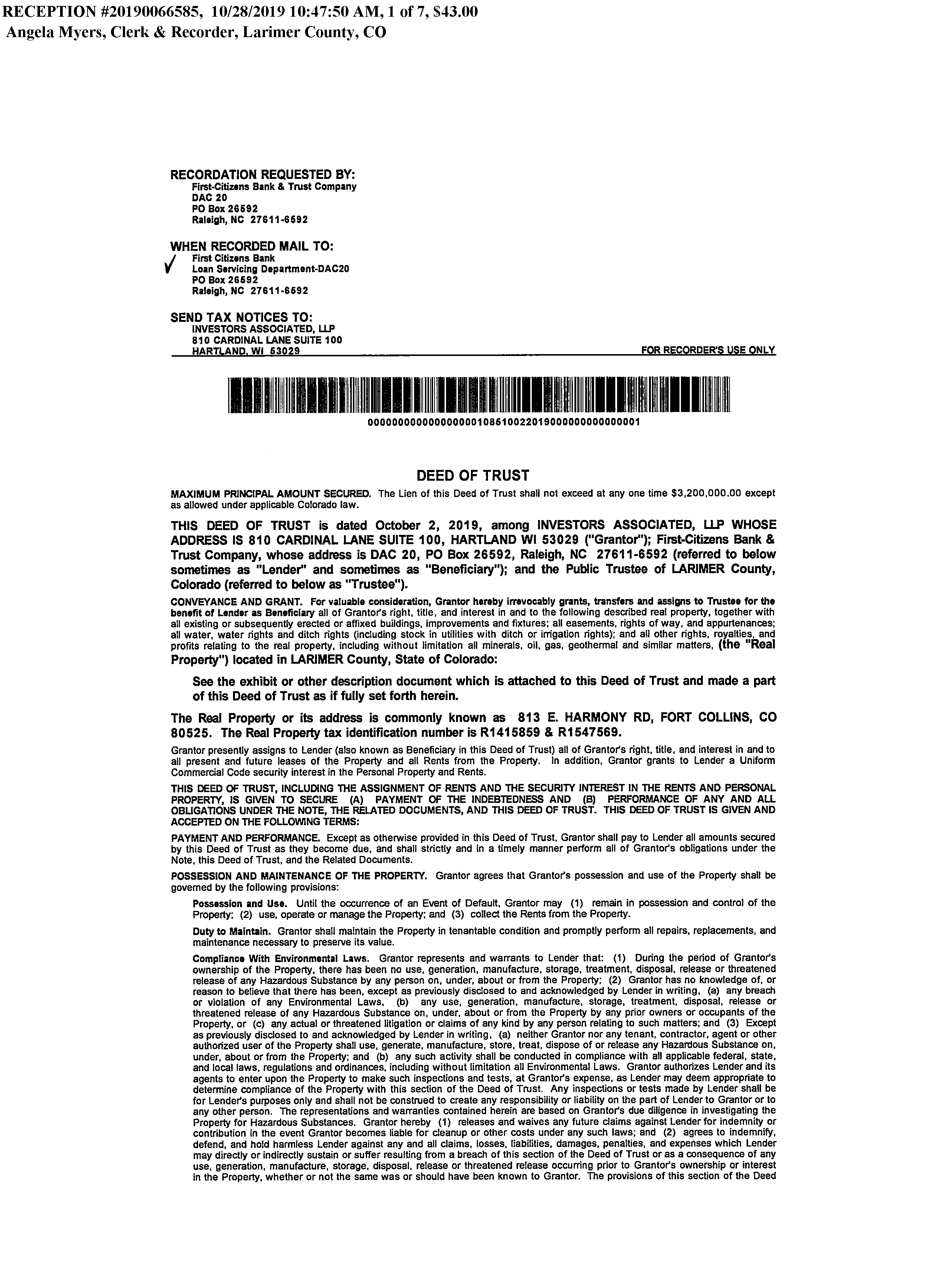First page of Deed of Trust reception 20190066585, 28 October 2019, Investors Associated LLP to First-Citizens Bank, $3.2 million maximum principal, 813 E Harmony Rd Fort Collins.