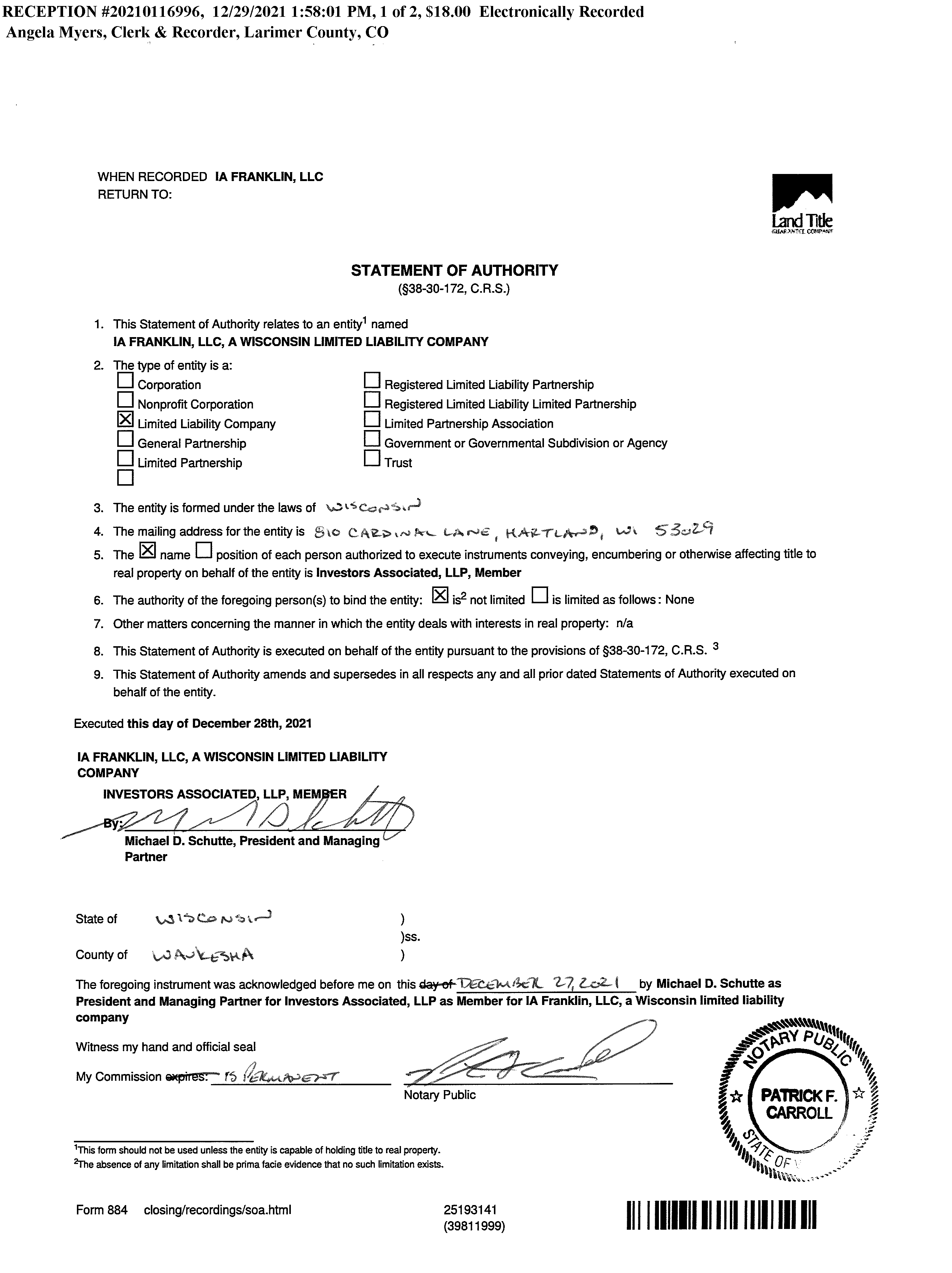 First page of Statement of Authority reception 20210116996, 29 December 2021, IA Franklin LLC, signed by Michael D. Schutte of Investors Associated LLP.
