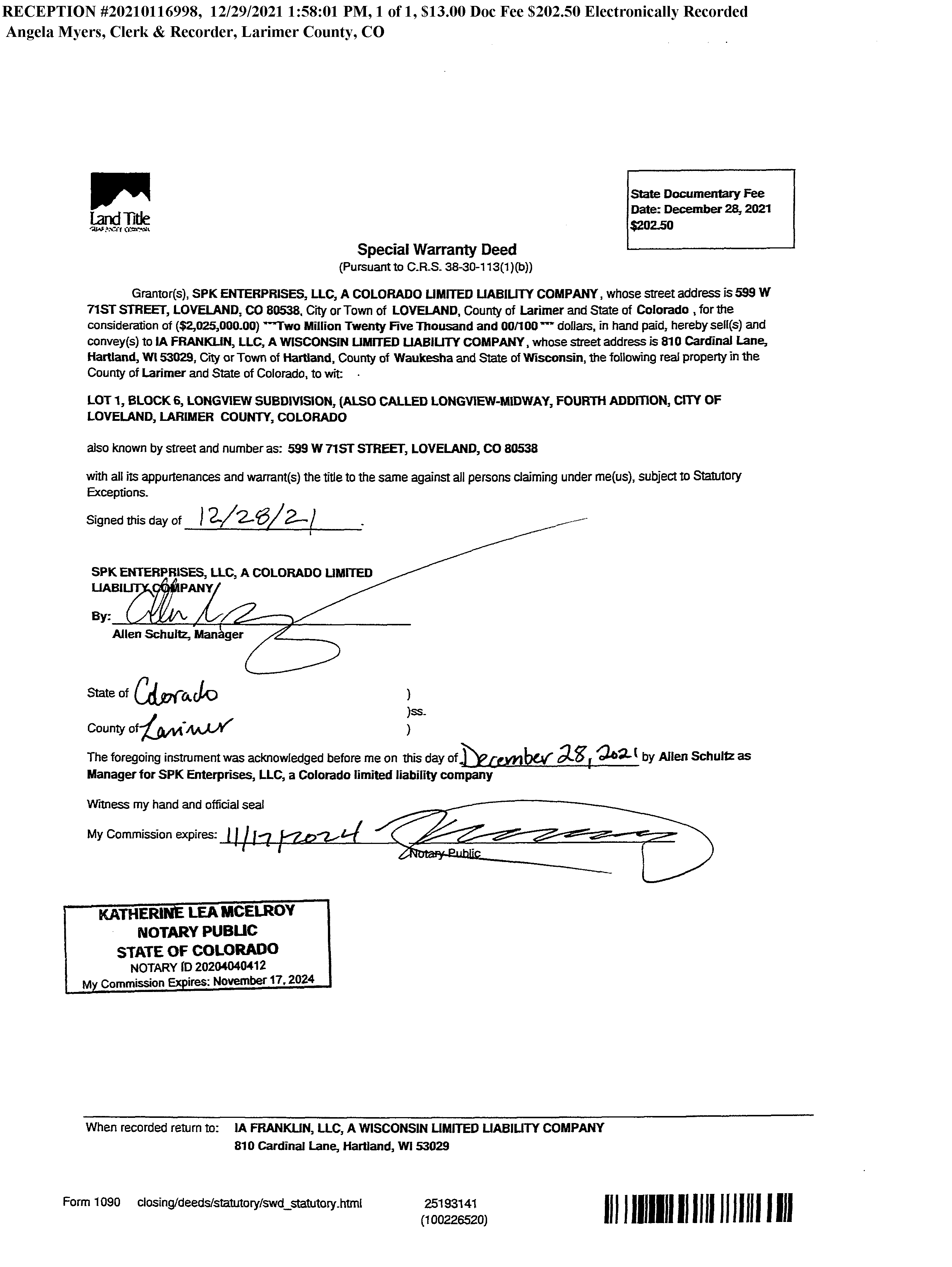 First page of Special Warranty Deed reception 20210116998, 28 December 2021, SPK Enterprises LLC to IA Franklin LLC, consideration $2,025,000.