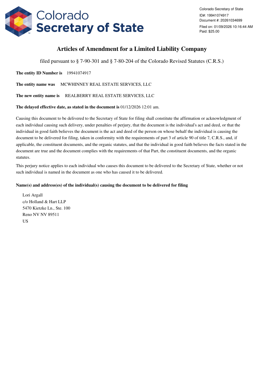 First-page render of Filed 9 January 2026, delayed effective 12 January 2026 12:01am. Filing prepared by Lori Argall c/o Holland & Hart LLP, 5470 Kietzke Ln Ste 100, Reno NV 89511. CO SOS document 20261034699. — click to open the full PDF.