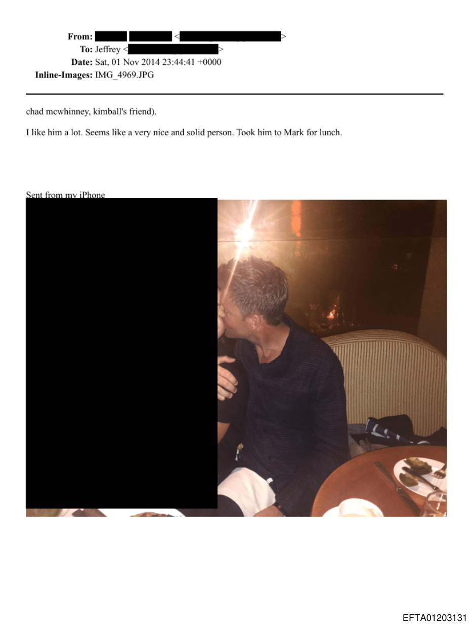 First-page render of The full one-page exhibit as produced. Sender name redacted; recipient first name 'Jeffrey,' last name redacted. Inline JPG shows a man at a restaurant; second person in the frame fully redacted with a black bar. — click to open the full PDF.